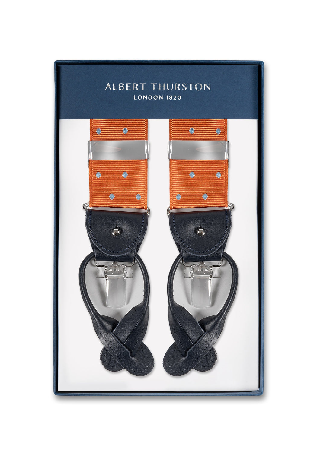 Albert Thurston Navy/ Orange Dot Braces Made In England